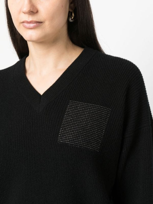 metallic-threading V-neck jumper
